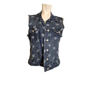 Rock & Republic Denim Vest Star Print Raw Edge Rocker Vest Medium Denim Sz L